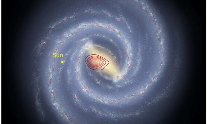 Cincin berwarna menunjukkan luasnya fosil galaksi yang dikenal sebagai Heracles. Titik kuning menunjukkan posisi matahari (Credit: Danny Horta-Darrington (Liverpool John Moores University), NASA/JPL-Caltech, and the SDSS)
