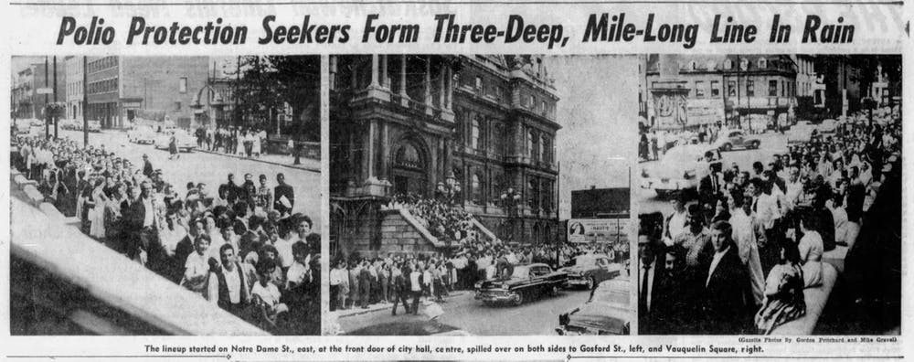  Atas: Gambar utama yang menunjukkan antrean orang-orang yang menunggu untuk mendapatkan vaksin Salk. 'The Montreal Gazette,' 11 Agustus 1959.